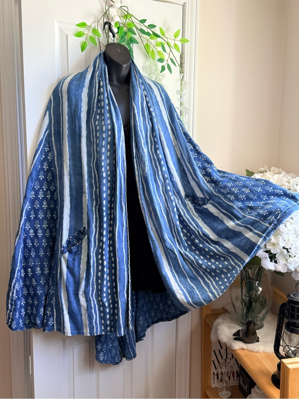 Ecote Blue Cotton Patterned Women's Shawl Wrap Scarf Poncho Cape